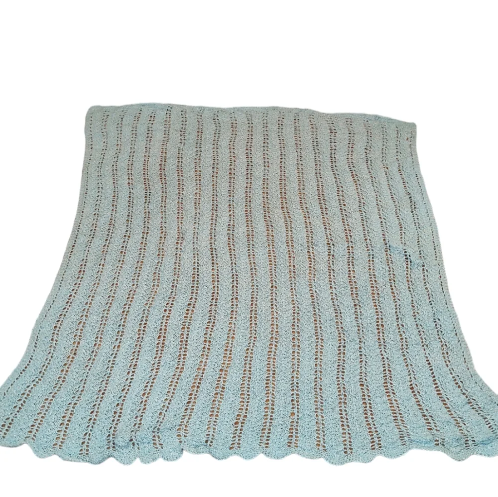 Handmade Vintage Crochet Afghan Greenish Blue Baby Blanket Throw - Picture 1 of 7